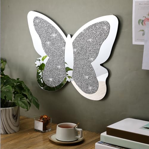 Vesici 2 Pieces Butterfly Shaped Mirror Crystal Crushed Diamond Silver Mirror Silver Wall Decor for Living Room Modern Decorative Artwork for Nursery Wedding Decor(19.69 x 14.57 Inch) - size: 20 x 12.6 Inch