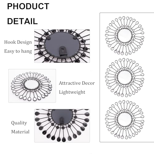 Black Mirrors 3 Piece, Sunburst Mirror Hanging Wall Decor, 9 inch Decorative Mirrors Wall Art, Rhinestone Round Mirror for Bedroom, Valentine, Kitchen, House Warming Valentine Gifts - color: Black- C
