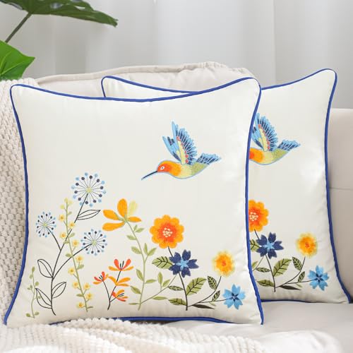 LUOYEHK Embroidered Throw Pillow Covers 18x18 Inch Set of 2 Blue Retro Flowers Birds Decorative Pillow Covers Spring Summer Flora Pillowcase Cushion Cover for Couch Sofa Bed Home Decor - color: Blue Yellow Flowers Bird