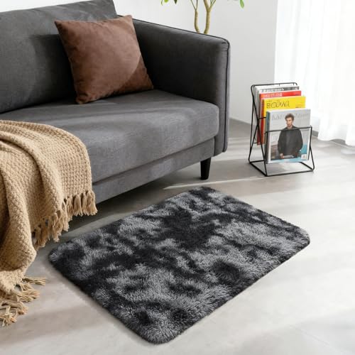 Merelax 2x3 Small Rug for Bedroom Livingroom Mini Space Home Decor, Modern Indoor Shaggy Plush Fluffy Furry Fur Rugs Comfy Nursery Kids Room Floor Carpet, Tie-Dyed Black & Grey - color: Tie-dyed Black & Grey, size: 2' x 3' (Rectangular)