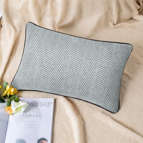 Mantle & Mason Boho Lumbar Throw Pillow Cover 12x20 Set of 2 Decorative Couch Pillow Case Sofa Bed Chair Living Room Modern Farmhouse Scandi Chenille Chevron Pattern Home Decor Cushion Cover Gray - color: Chevron Grey, size: 20" x 12" (Pack of 2)