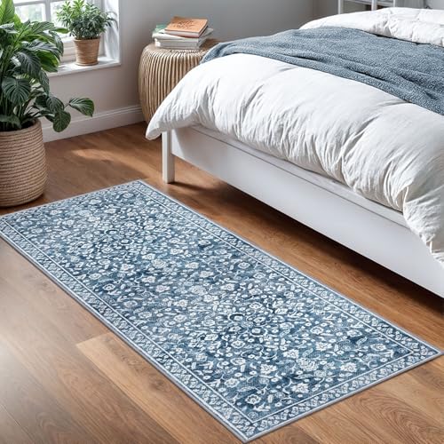 Vintage Washable 2x5 Rug, Blue and White Hallway Runner, Super Soft Non-Slip Kitchen Runner, Print Faux Wool Floral Thin Carpet for Entryway & Bedside - color: Light Denim Blue and White, size: 2' x 5' (Runner)