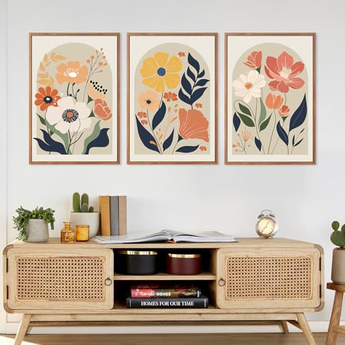 KAIRNE Boho Canvas Wall Art,Abstract Floral Wall Decor,Modern Minimalist Prints Set of 3(16”X24”),Botanical Wall Art Paintings,Bohemian Mid Century Artwork for Living Room Bedroom Office Decor,Framed - color: Abstract Boho Flower(medium), size: 16"Lx24"W