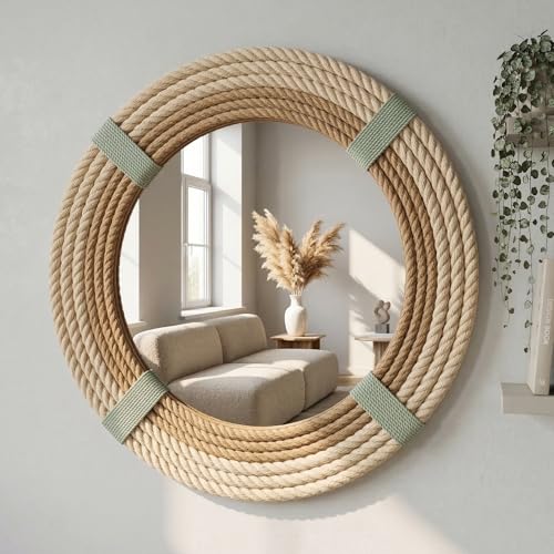 12" Inch Round Rustic Farmhouse Boho Shabby Chic Wall Hanging Mirror with Natural Jute Rope Decor Accent for Entryway, Bedroom, or Living Room (Color 2) - color: Color 2