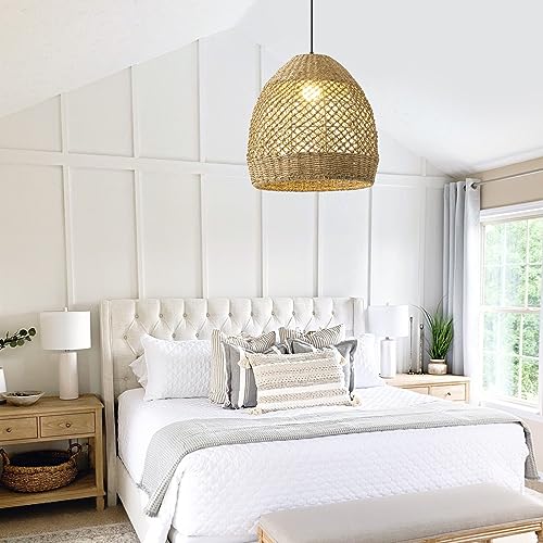 Rattan Pendant Light 13.77" Rustic Hand-Woven Wicker Hanging Light 1-Light Water Plants Rattan Chandelier for Dining Living Bedroom Kitchen Farmhouse - color: Natural Oval Rattan, size: 13.77" 1-Light