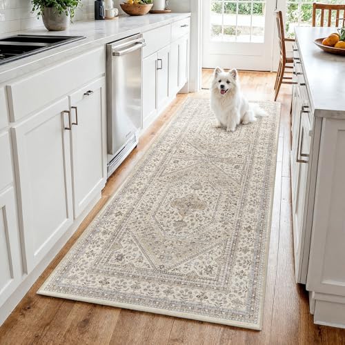 3x7 Runner Rug for Hallway Washable: Non Slip Kitchen Rugs with Rubber Backing Soft Waterproof Wide Mats Stain Resistant Low Pile Carpet for Entryway Bedroom Bathroom Laundry Home Decor Beige/Gray - color: Beige/Gray, size: 3' x 7' (Rectangular)