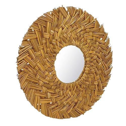 Retro Straw Weave Hanging Mirror, Rattan Boho Circle Mirrors for Wall Decor, Wall Mounted Mirror (Gold) - color: Gold