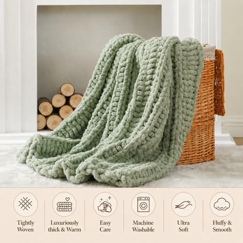 Battilo Chunky Knit Throw Blanket for Couch, Hand Made Chenille Throw Blanket, Super Soft Warm Cozy Sage Green Blanket for Bed, Sofa, Living Room, 50"x60" - color: Sage Green