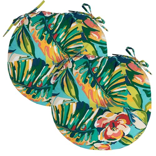 FUNHOME 15"x15"x4" Bistro Chair Cushion Set of 2, Water Repellent Round Outdoor Chair Cushions with Ties, Patio Tufted Chair Pads for Home Garden (Rosario Flower Leaf) - color: Rosario Flower Leaf