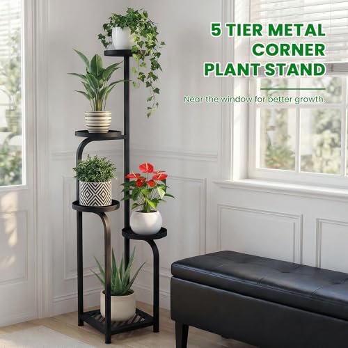 TOSKING 5 Tier Tall Plant Stand Indoor Outdoor,Anti-Tip Plant Stand indoor, Wide Base for Pots, Child and Pet Friendly,Heavy Duty Corner Shelf for Plants & Decor, Space Saving ,Tiered Metal Flower Pot Stand for Balcony, Garden, Living Room, Patio (Black,