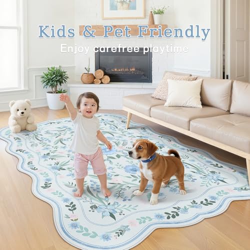 Blue Floral Area Rug 5x7, Washable Scalloped Boho Carpet for Girls Bedroom, Living Room, or Nursery, Cute Non-Slip Soft Cottagecore Rug for Kids Room or Playroom Home Décor - color: Blue Scalloped, size: 5' x 7' (Rectangular)