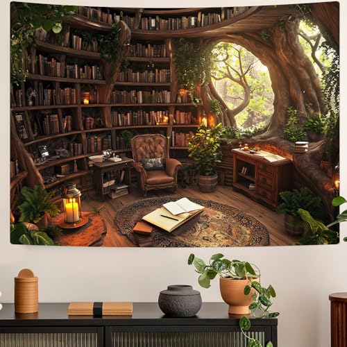 Richldeas 60x44inchs Forest Bookshelf Tapestry Tree Bookshelf Blanket Window Tapestries Wall Hanging for Bedroom Living Room Home Decor and Windowless Office RITAYW079 - color: Yellow-3, size: 60"L x 44"W