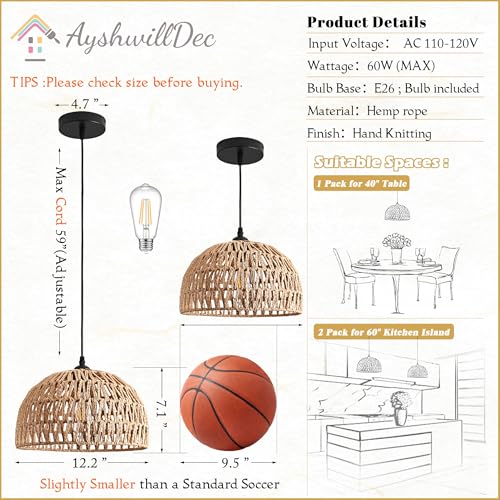 2 Pack Hemp Rope Woven Pendant Light Woven Light Fixture Boho Chandelier Light Fixture Wicker Pendant Lights Rattan Dome Wicker Chandelier for Dining Room Kitchen Island (Bulb Incl. - color: 12.2" Natural 2-Pack