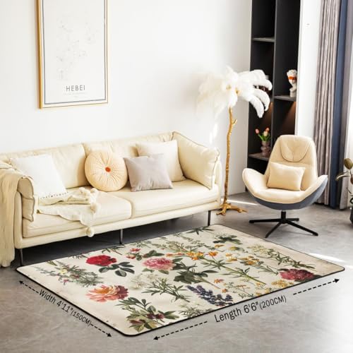 Erosebridal Vintage Botanical Flower Area Rug 6'6" x 4'11" Retro Floral Living Room Rugs Nature Plant Illustration Decorative Carpet Country Garden Indoor Floor Mat - color: Beige Cream, size: 4'11" x 6'6" (Rectangular)