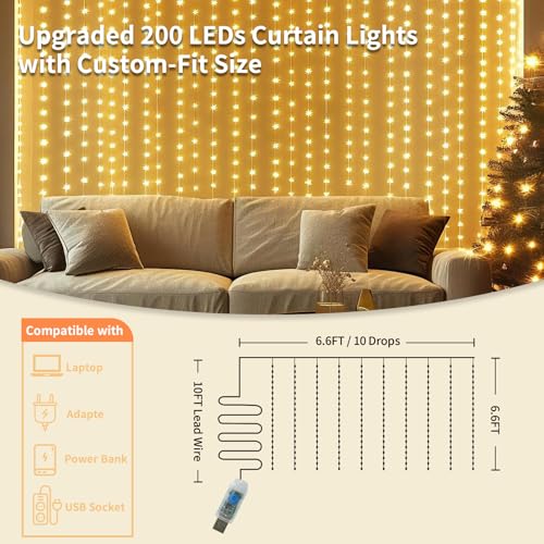 2 Pack Fairy Curtain Lights, 200 LED Upgraded Tangle-Free Hanging Lights with Remote, USB Plug in String Lights for Wall Window Wedding Party Xmas Home Décor - 6.6 x 6.6 Ft, Warm White - color: Warm White, size: 2-Pack - 6.6 Ft (W) x 6.6 Ft (L)