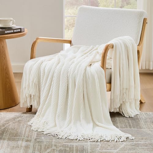 inhand Throw Blanket for Couch Bed,Chunky Chenille Woven Soft Blankets with Tassels, Cozy Boho Farmhouse Fall Winter Decor,Warm for Women,60"x80",Medium Thick-Off White - color: A（med Thick-off White）, size: 60"x80"