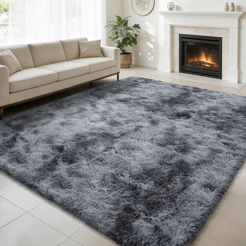 8x10 Fluffy Area Rugs for Living Room,Shag Area Rug for Bedroom,Soft Fuzzy Rug Non-Shedding Indoor Plush Carpet for Kids Bedroom Nursery Home Decor,Tie-Dyed Black - color: Mottling Black, size: 8' x 10' (Rectangular)