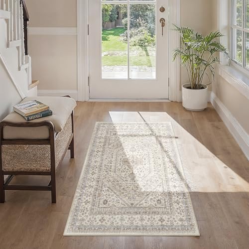 Washable 2x4 Runner Rug for Entryway: Non Slip Kitchen Rugs with Rubber Backing Soft Pet-Friendly Mats Stain Resistant Low Pile Carpet for Hallway Bedroom Bathroom Laundry Home Decor Beige/Gray - color: Beige/Gray, size: 2' x 4' (Rectangular)