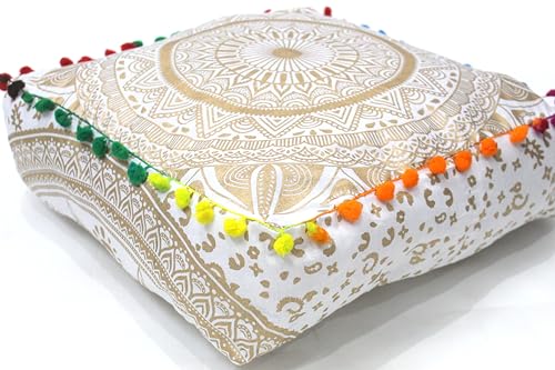 INDIAN CRAFT CASTLE ICC Mandala Barmeri Large Floor Pillow Cover Cushion Meditation Seating Ottoman Throw Cover Hippie Decorative Zipped Bohemian Pouf Ottoman Cases Gold, 24" Square - color: Gold, size: 16"D x 16"W x 5"H
