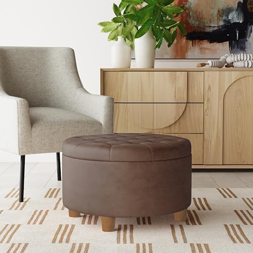 HomePop 28" Button Round Storage Ottoman - Brown Faux Leather - color: Brown Faux Leather