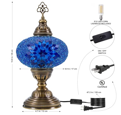 Turkish Lamp, Mosaic Table Lamp, Antique Moroccan Decorative Glass Bohemian Vintage Lamp Shade, Small Desk Tiffany Bedside Stained Glass Lamp with US Plug and E12 Socket - color: Blue-39