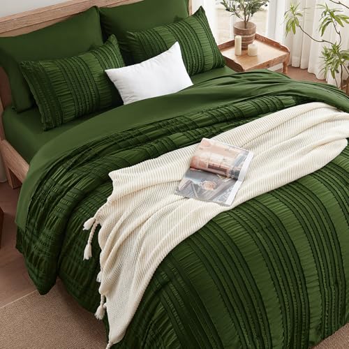 DHSFKBE Dark Green Tufted Textured Comforter Set Queen Size, 7 Piece Bed in a Bag，Shabby Chic Boho Bedding for Bedroom Comforter，All Season Soft Microfiber Ruffle Comforter Set with Pillow and Sheets - color: Dark-green, size: Queen