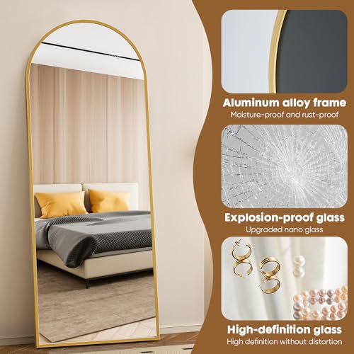 DUMOS 70.4"x25.6" Arched Full Length Mirror with Stand, Floor Body Mirror Shatter-proorf Nano Glass with Aluminum Frame, Free Standing or Hanging Leaning Modern Simple Home Decor, Gold - color: Gold-rounded, size: 70.4"L x 25.6"W