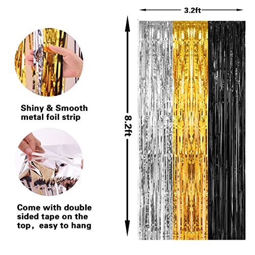 PIGETALE, 2 Pack 3.2x8.2 Feet Silver Black and Gold Tinsel Foil Fringe Curtains Streamers Backdrop for Bridal Baby Shower Wedding Engagement Birthday Graduation Bachelorette Holiday Party Decorations - color: Black, Silver and Gold
