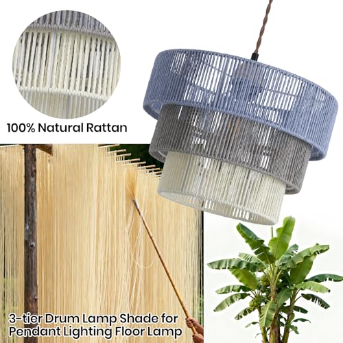 Boho Rattan Lamp Shade in Pastel Blue Gray & White, 3-Tier Drum Style Replacement Shade for Pendant, Chandelier, Floor Lamp, Rustic Hand-Woven Cover for Living Room, Kitchen, Bedroom, Office - size: style C