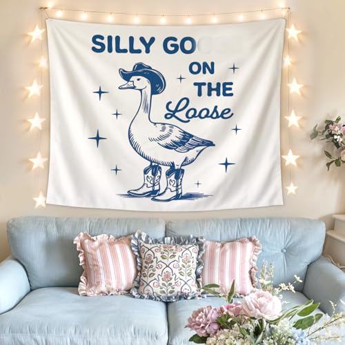 Lacama Blue Funny Tapestry, Cute Goose Tapestry for Bedroom Teen Girls Room College Dorm Apartment, Preppy College Dorm Decor, Sorry I’m late, Goose on the Loose Blanket for Friend 50x60 - color: silly goose-1-blue