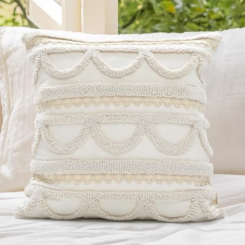 Boho Pillow Covers 18X18 Inch Boho Tufted Throw Pillow Covers Decorative Tassels Cushion Cover Farmhouse Pillow Case for Couch Sofa Bed Living Room Bedroom, Beige - color: Boho Beige, size: 18" x 18" (Pack of 1)