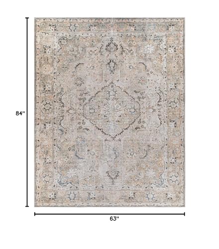 Hauteloom Standon Machine Washable Vintage Area Rug for Living Room - Traditional Bohemian Faded Medallion Carpet - Stain Resistant - Pet Friendly - Burnt Orange, Beige, Cream - 5'3"x7' - color: Grass Green, Terracotta, Charcoal / Standon, size: 5'3" x 7'