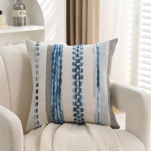 Boho Pillow Covers 18x18 Set of 2 for Couch-Modern Farmhouse Sofa Decorative Blue Throw Pillow Covers Textured Chenille Cushion Covers Outdoor Netural Bohemian Pillow Cases Square - color: Blue Stripe