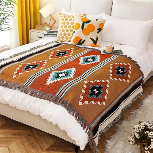Homesy Boho Throw Blankets Southwestern Bed Throws Cover Reversible Green Aztec Southwest Blanket for Couch Chair Sofa Home Outdoor Beach Car Tent Travel Camping 51"x63" - color: Brown, size: 51"x63"