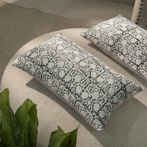 Handblock Printed Vintage Indian Cotton Decorative Throw Pillow Covers, Set of 2 (Charcoal Floral, 12" x 20" (Pack of 2)) - color: Charcoal Floral, size: 20" x 12" (Pack of 2)