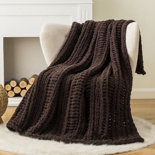 Battilo Chunky Knit Throw Blanket for Couch, Hand Made Chenille Throw Blanket, Super Soft Warm Cozy Brown Blanket for Bed, Sofa, Living Room, 50"x60" - color: Brown