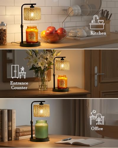 Candle Warmer Lamp, Timer Dimmable Candle Lamp, Adjustable Height and Brightness Black Candle Warmer, Boho Rattan Lampshade and 2 Bulbs, Suitable for Home Decor, Birthday Gifts for Women Mom - color: Rattan-Black