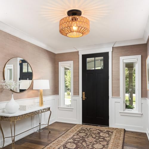 Ceiling Light Fixture,Hand-Woven Rattan Flush Mount Ceiling Light,Farmhouse Light Fixtures Ceiling Mount Boho for Hallway Bedroom Kitchen Entryway Living Room - color: 9.8 IN Ceiling Light