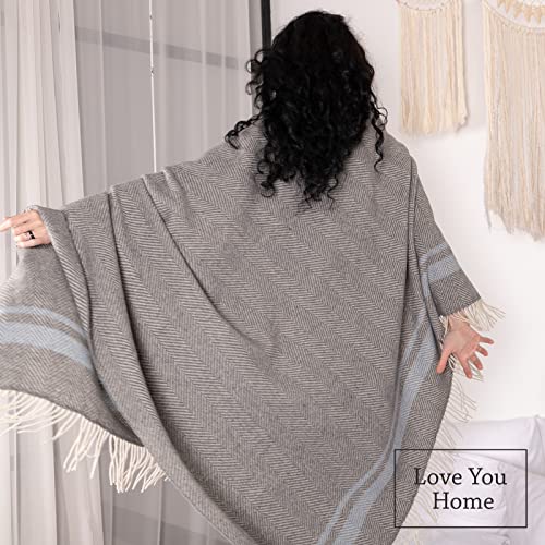 LYHome Merino Wool Blanket - Warm Throw for Cold Weather, Warmest Travel Outdoor Camping Blankets, Picnic Army and Military Throws, Comforter Soft & Cozy (55" x 79" Grey with Blue and White Stripes) - color: Grey With Blue and White Stripes