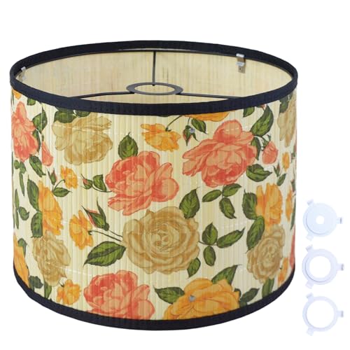 Bamboo Lamp Shade With Tropical Plants Chandelier Covers, Bohemian Farmhouse Drum Lamp Shade for Table Lamp Floor Lamp, Rustic Rattan Light Fixture for Bedroom Living Room (11.8x11.8x9 inch) - color: color8, size: 11.8*9