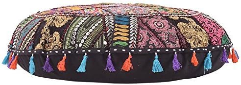 Indian Handmade Patchwork Codework Round Pouf Cover Ottoman Floor Pillow Cushion Seating Throw Decorative Pom Pom Pillow Cases Pouffe Poufs for Sitting Bohemian 32 Inches