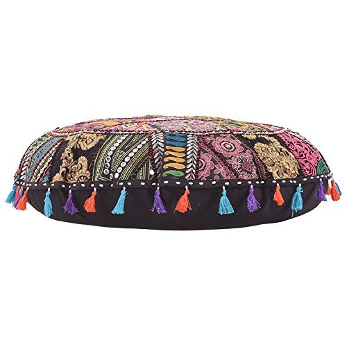 Indian Handmade Patchwork Codework Round Pouf Cover Ottoman Floor Pillow Cushion Seating Throw Decorative Pom Pom Pillow Cases Pouffe Poufs for Sitting Bohemian 32 Inches - color: Black