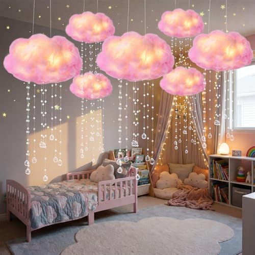 Marsui Artificial Cloud Props LED Hanging Pink Light String Fake Imitation 3D Cotton Cloud Classroom School Decor Raindrop for Room Ceiling Baby Shower Party Wedding Nursery Wall DIY Decor(2 Pcs) - color: Pink