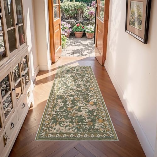 jinchan Eden Floral Washable Runner Rug 2x5 Vintage Hallway Rug Non-Slip Lightweight Soft Thin Kitchen Low Pile Distressed Orange Green Carpet for Bathroom Laundry Room Bedroom Entryway - color: Eden Green, size: 2' x 5' (Runner)