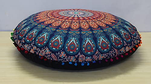 CRAFT KALA 32" in Round Mandala Floor Pillow Cushion Cover Seating Throw Cover Hippie Decorative Bohemian Ottoman Poufs Pillow Cover Cases Boho Cotton Living Yoga Home Décor Room (Multi Peacock) - color: Multi Peacock