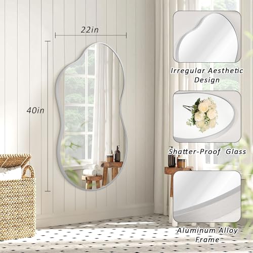 JJUUYOU Bathroom Wall Mirror Irregular Mirrors for Wall Large Brushed Metal Frame 22"x40" Vanity Wall Mounted Mirror for Living Room Bedroom Entryway Vanity Home Decor Silver - color: Silver, size: 40"L x 22"W