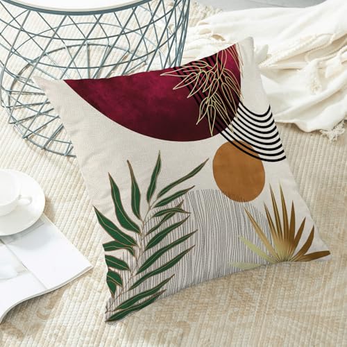 Boho Pillow Covers 18x18 Set of 2 Mid Century Burgundy Red Green Gold Sunset Throw Pillow Covers Outdoor Decor Abstract Bohemian Tropical Leaf Pillowcase Decorative Cushion Case For Couch Sofa - color: Mid-century-burgundy Red, size: 18" x 18" (Pack of 2)