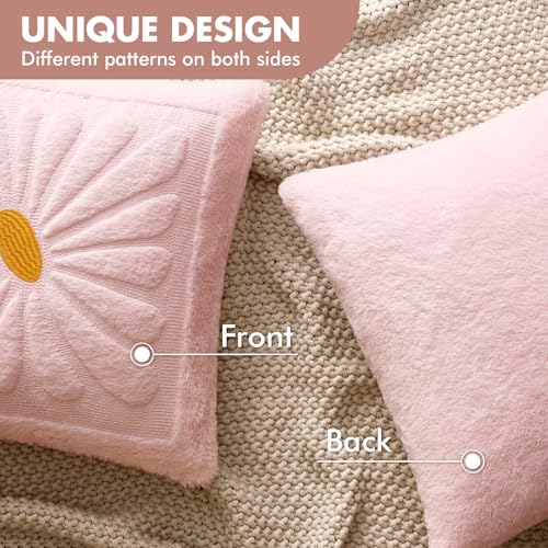 EMEMA Set of 2 Spring Summer Sunflower Floral Pillow Covers, Plush Faux Fur Decorative 18x18 Cushion Cases Adding a Soft, Bright Seasonal Accent to Sofa Couch Bed Modern Farmhouse Living Room, Pink - color: Light Pink, size: 18" x 18" (Pack of 2)