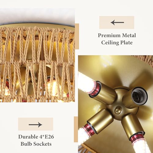 Rattan Light Fixtures Ceiling Mount,4-Lights Boho Flush Mount Ceiling Light with Hand-Woven Shade, 18''Rattan Farmhouse Chandelier for Hallway Bedroom Kitchen Farmhouse Foyer Entryway (Gold) - color: Gold, size: Large