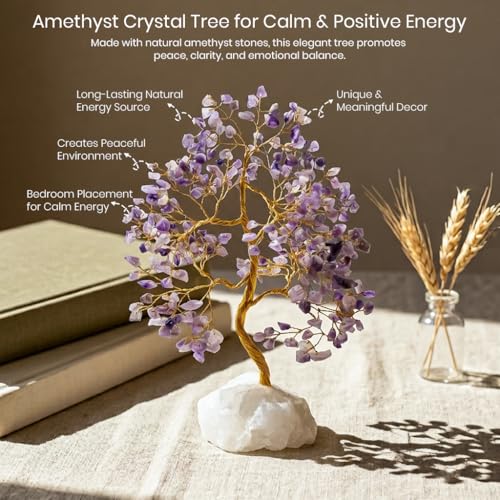 Crocon® Amethyst Crystals Tree of Life Rough Base, Birthday Gifts for Women, Home & Office Decor Money Tree Healing Crystals Womens Gifts Ideas House Warming Gift Sister Unique Purple Decoration - color: Amethyst Quartz Base (Golden Wire)